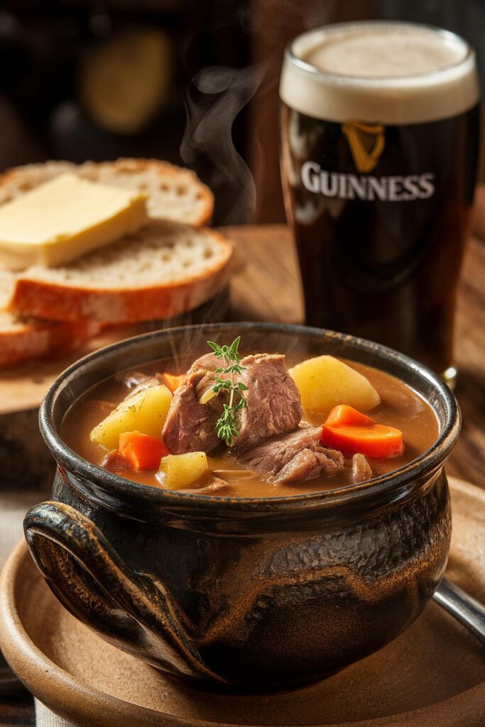 Hearty beef stew with carrots and potatoes, served with bread and a pint of Guinness.