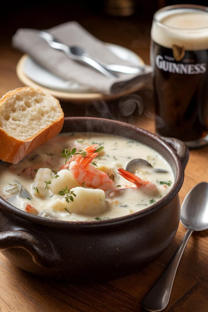 Creamy seafood chowder with shrimp and bread, served with a pint of stout in a cozy setting.