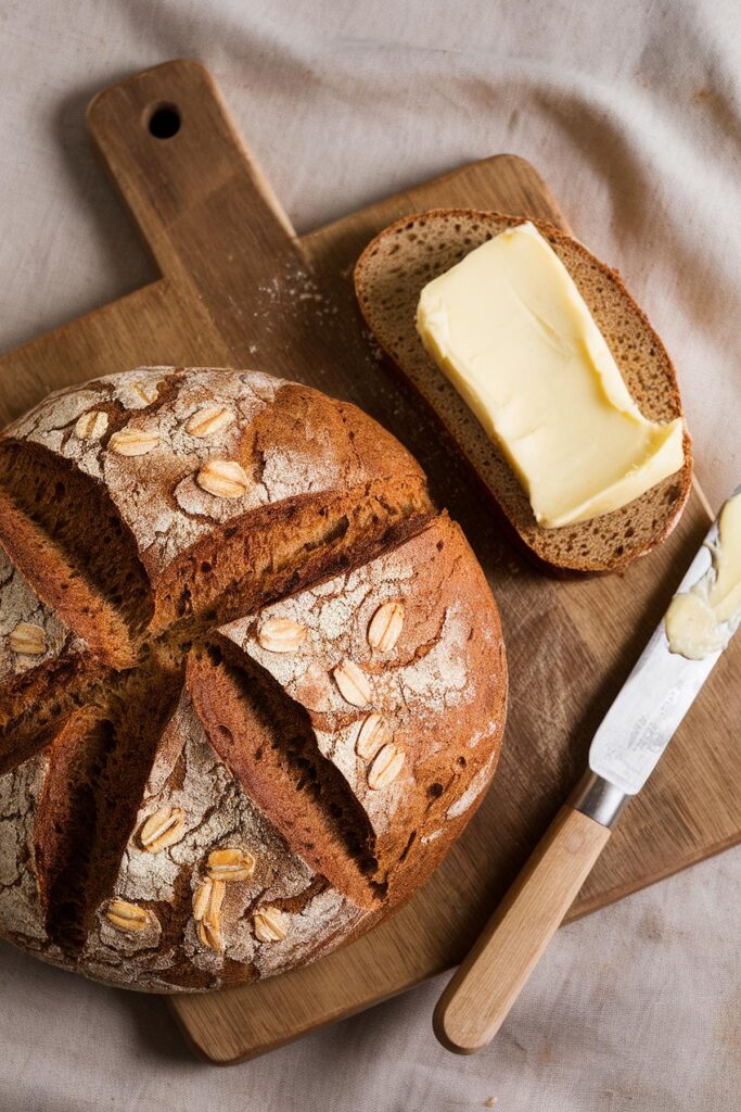 Loaf of homemade bread with oats on a wooden board, sliced with butter and a knife.