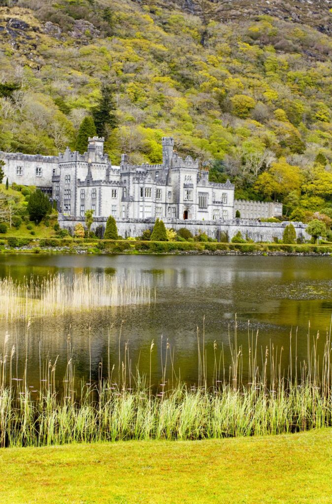 Majestic castle by a serene lake with lush green trees on a mountainside in the background.