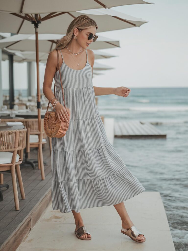 Woman in a striped summer dress and sunglasses walking by seaside cafe tables under umbrellas.