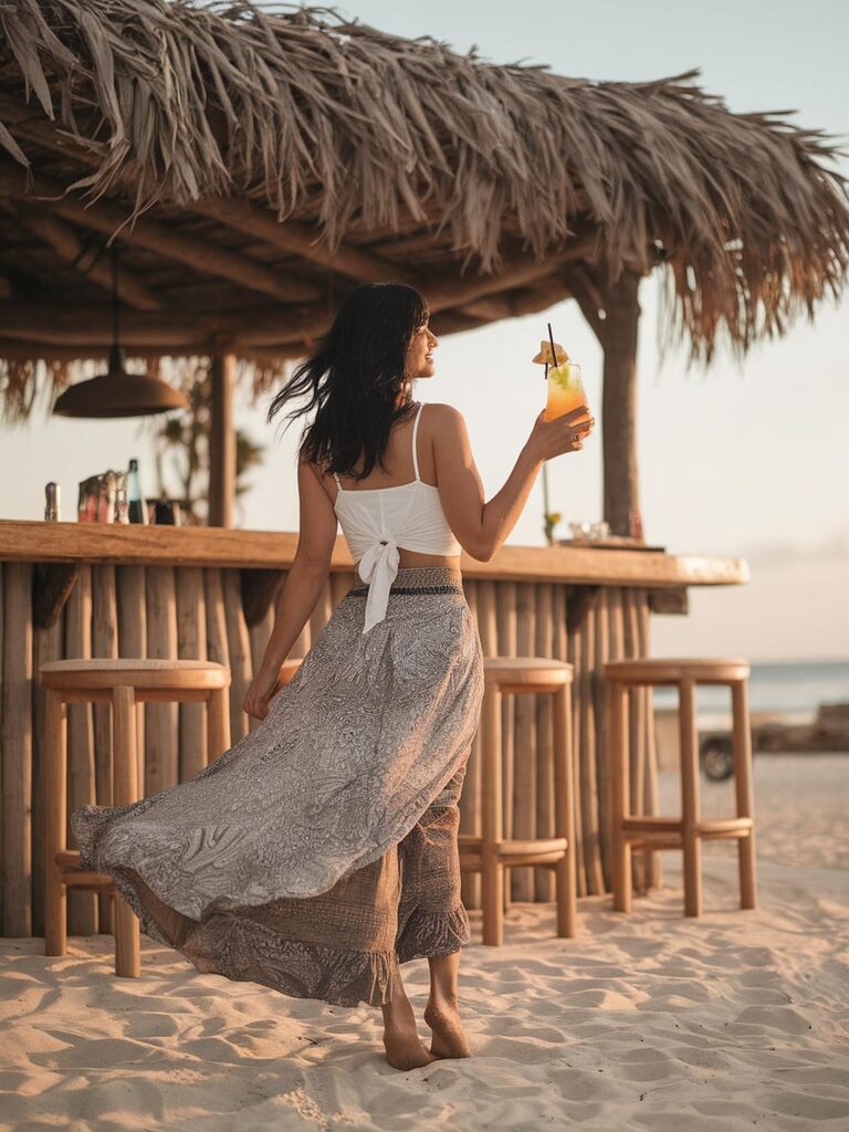 Woman enjoying a tropical drink at a beach bar, wearing a flowing skirt and white top, with sand and ocean view.