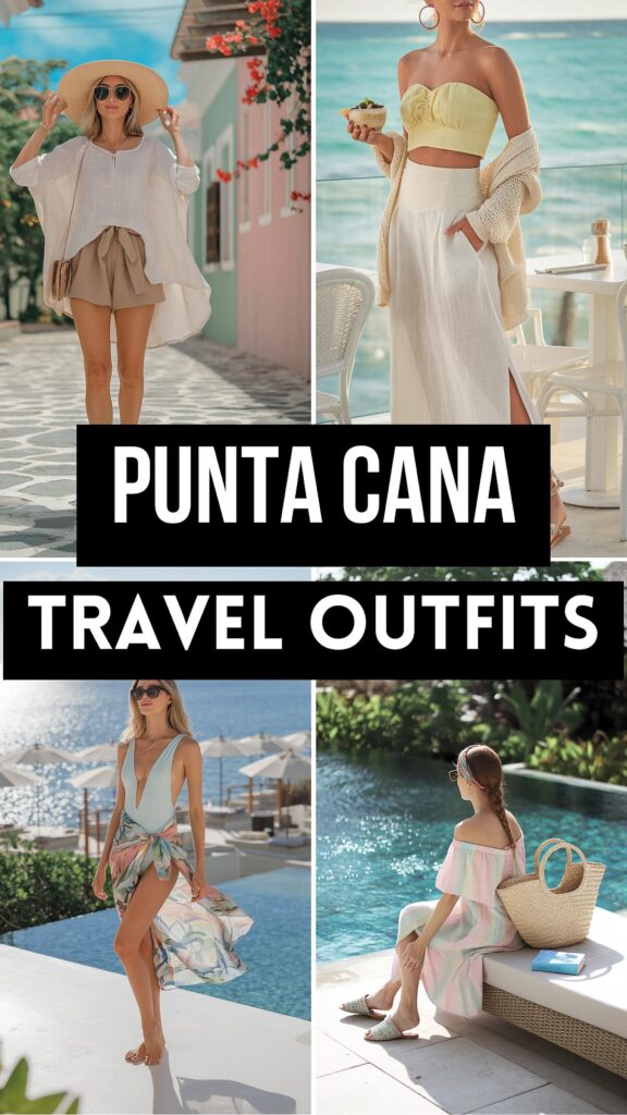 Stylish Punta Cana travel outfits with beachy attire, swimwear, and sun hats by the ocean and poolside.