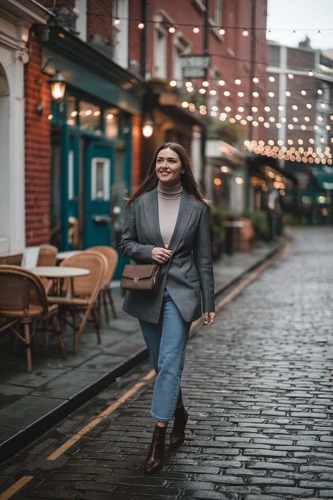 Woman in stylish outfit walking on cobblestone street under string lights, smiling confidently.