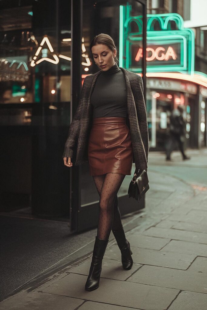 Stylish woman in urban outfit walking past neon-lit storefront at night.