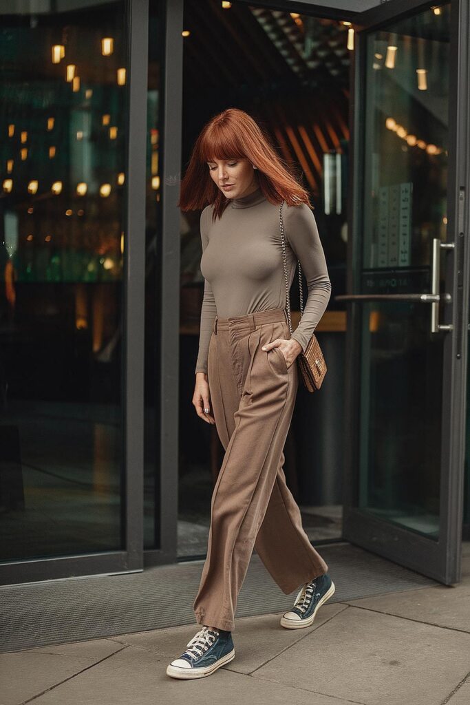 Woman in stylish fall outfit walking outside a modern building, wearing high-waisted pants and blue sneakers.