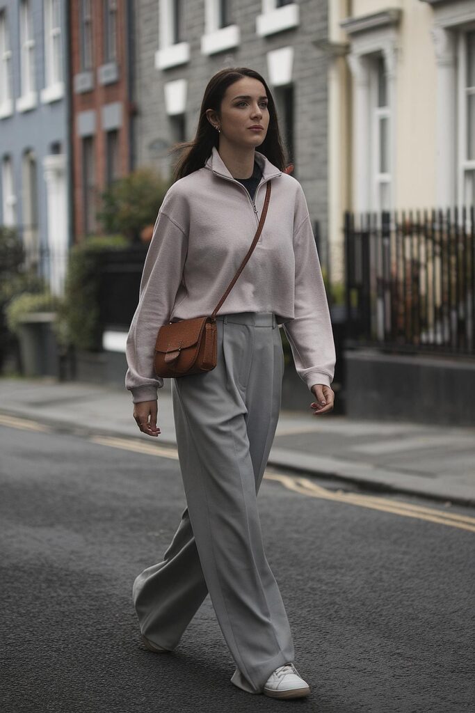 Young woman in casual outfit with crossbody bag walking on a city street.