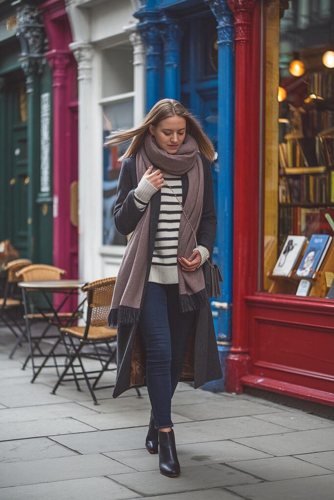 Woman in cozy winter outfit walking by colorful shopfronts on a city street.