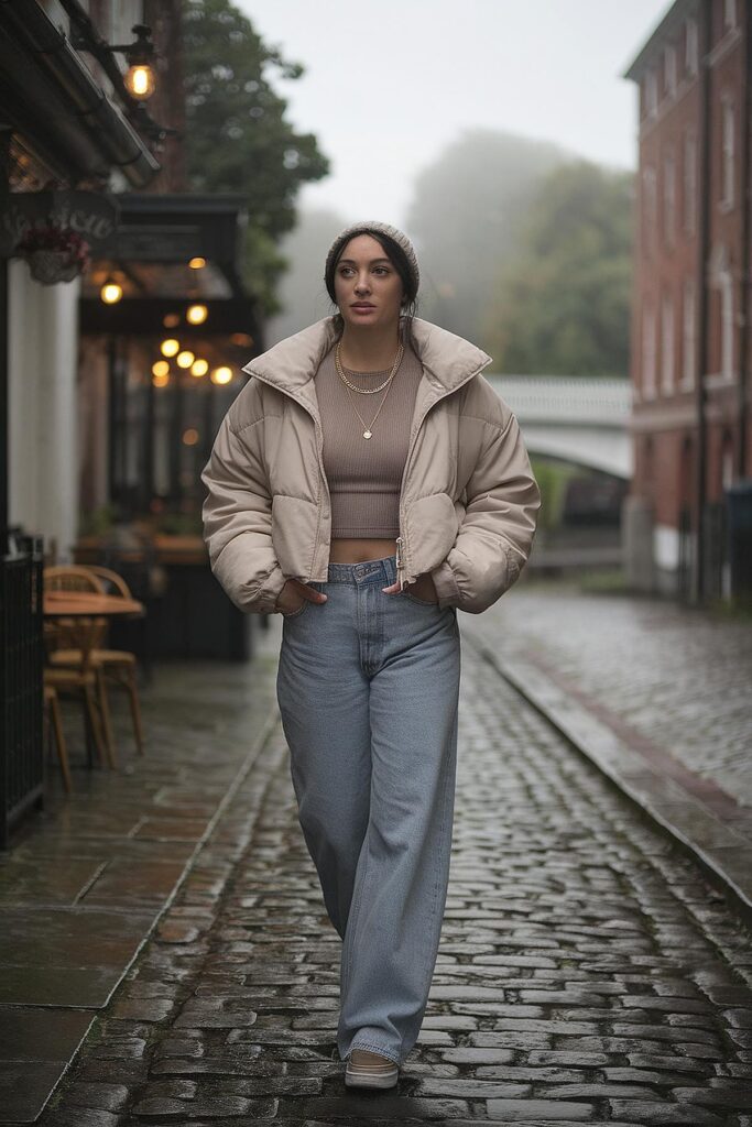 Woman in casual winter attire walking on cobblestone street with vintage buildings in the background.
