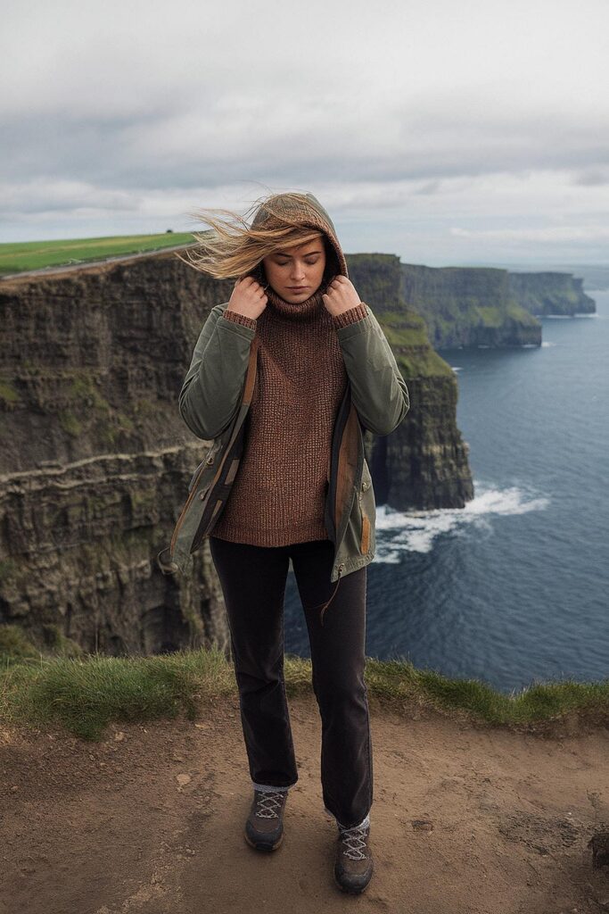 Woman in a coat standing on a windy cliffside, overlooking the ocean and dramatic landscape.