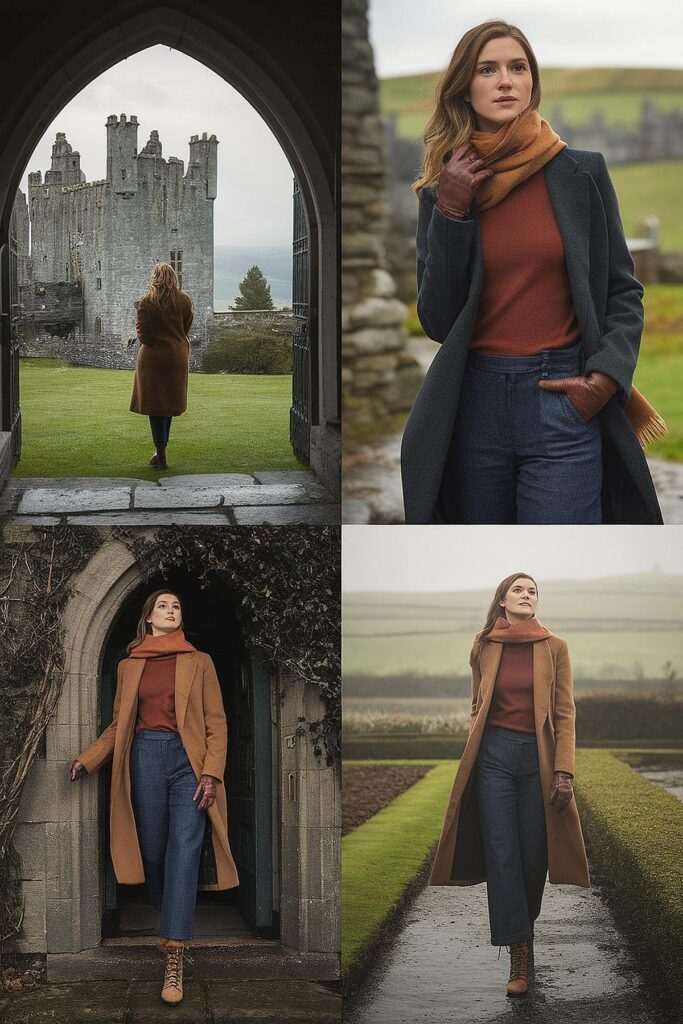 Person explores a scenic castle in stylish autumn attire, featuring a long coat and scarf. Outdoor fashion and travel concept.