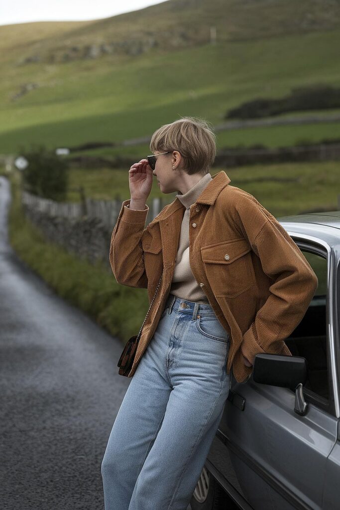 Person in a brown jacket leaning on a car, gazing at a scenic rural landscape with rolling green hills.