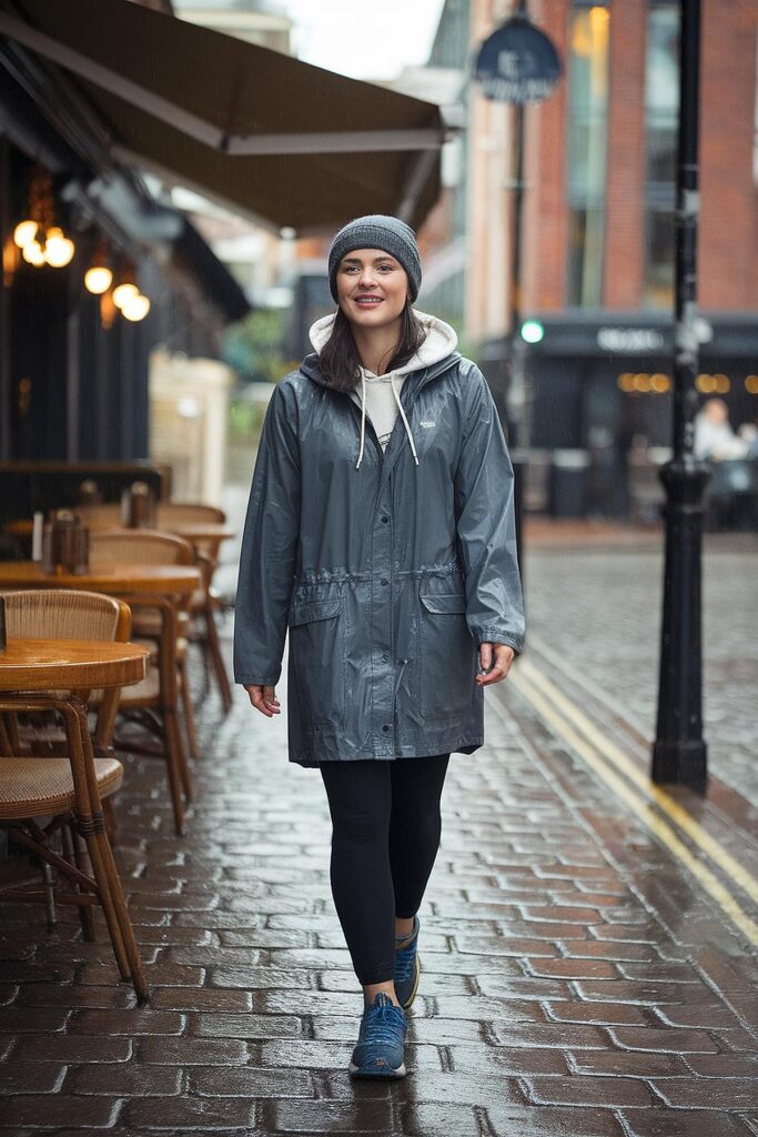 Smiling woman in a gray raincoat walking on a wet city street.