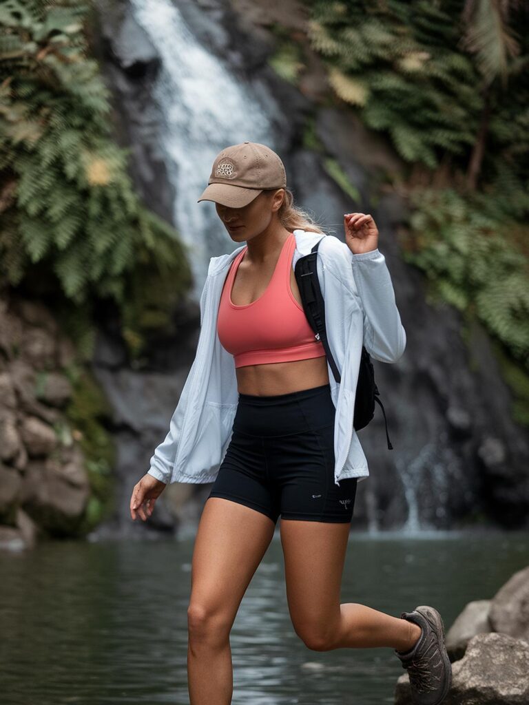Woman hiking near waterfall in activewear, showcasing fitness and adventure in nature.