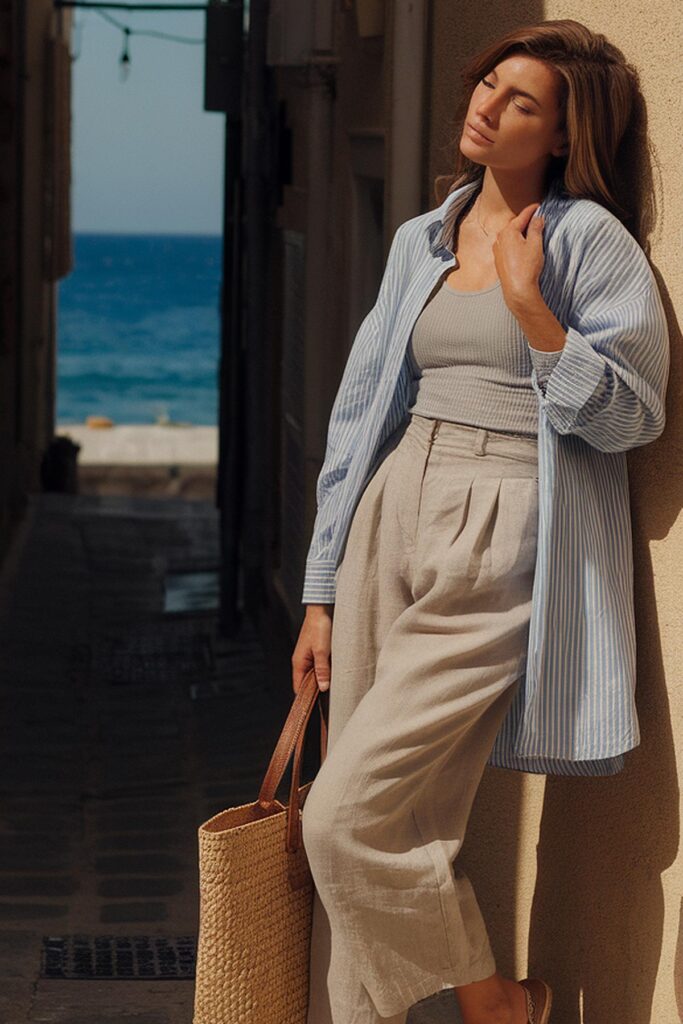 Woman in relaxed summer outfit leans against wall near beach, holding a bag, enjoying sunlight.