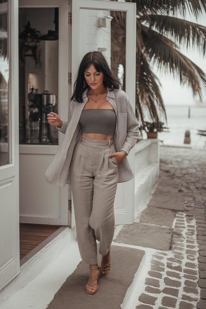 Woman in chic summer outfit walking on a cobblestone path by the beach.