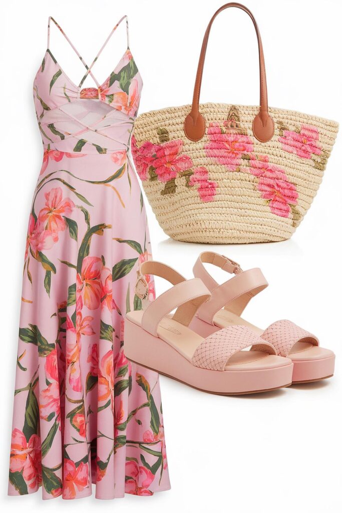 Floral pink summer dress with matching wedge sandals and a woven tote bag featuring pink flowers.