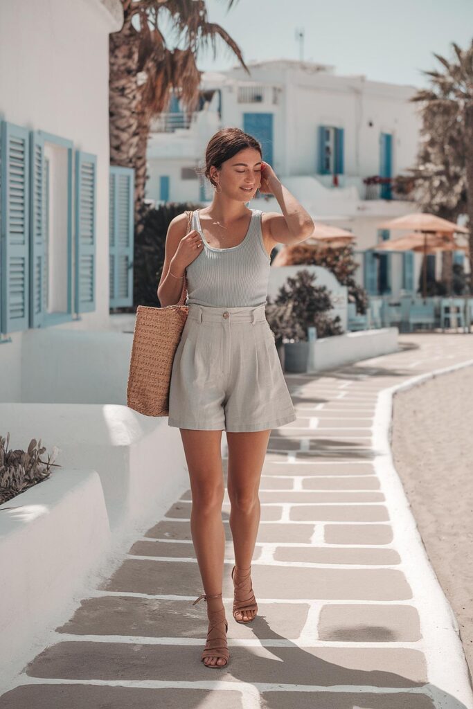 Woman walking on a sunlit Mediterranean street, wearing summer attire and holding a woven bag.
