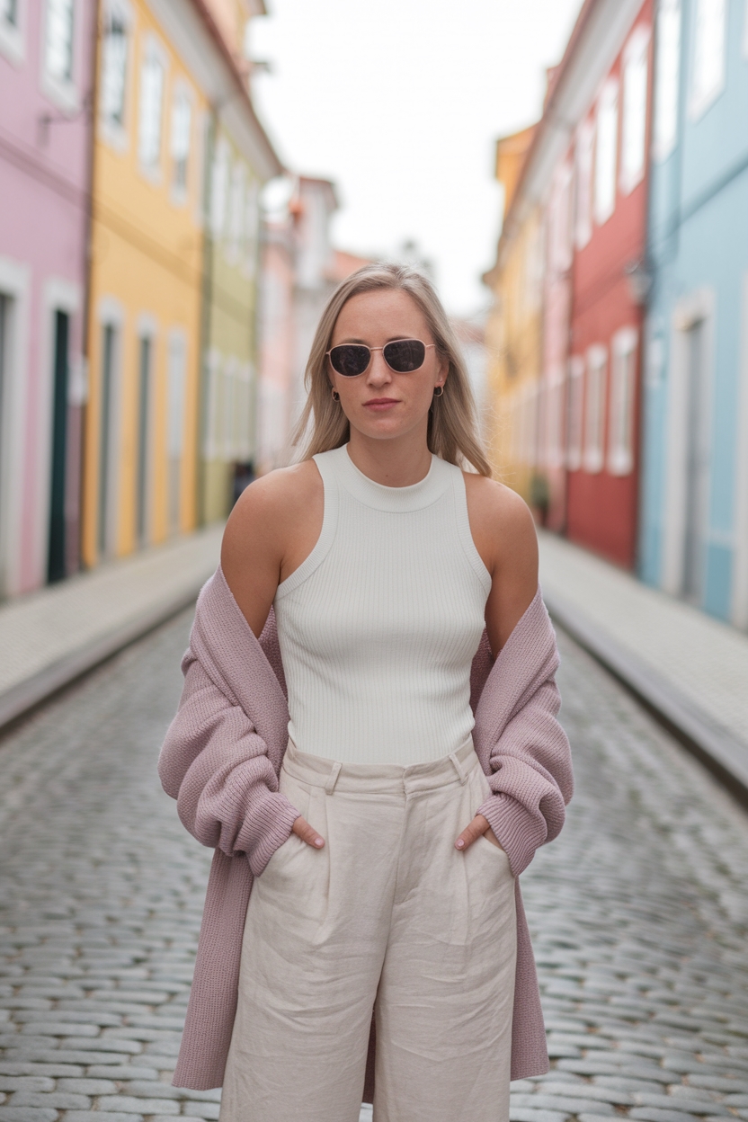 Porto Outfits, Woman in stylish outfit with sunglasses walking on a colorful cobblestone street.