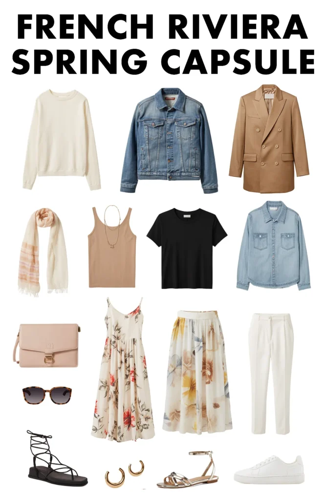 French Riviera spring capsule wardrobe with dresses, tops, jackets, pants, shoes, and accessories in neutral tones.