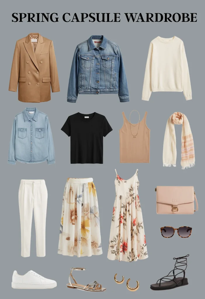 Spring capsule wardrobe: jackets, tops, dresses, skirts, pants, accessories, and shoes in neutral and floral designs.