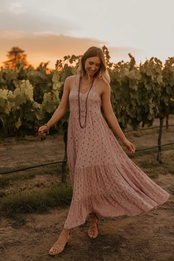 Woman in a flowy pink dress walking through a vineyard at sunset, smiling and looking serene.
