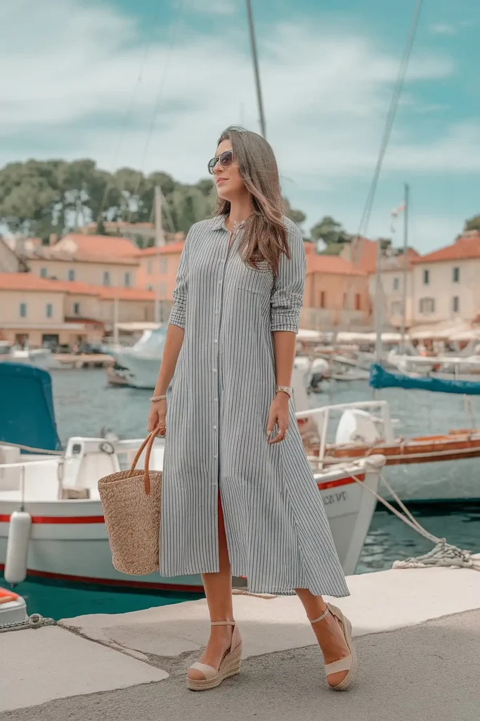 Stylish woman in striped dress with straw bag at a marina, surrounded by boats under a sunny sky.