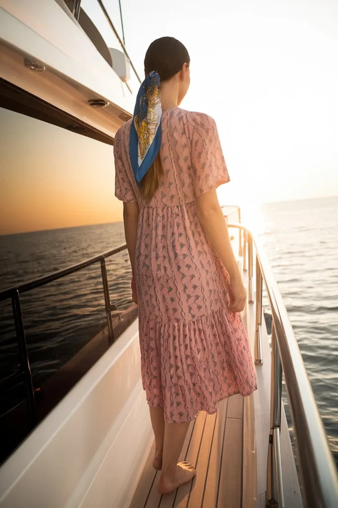 Woman in a pink dress with a blue scarf aboard a yacht at sunset, enjoying the ocean view.