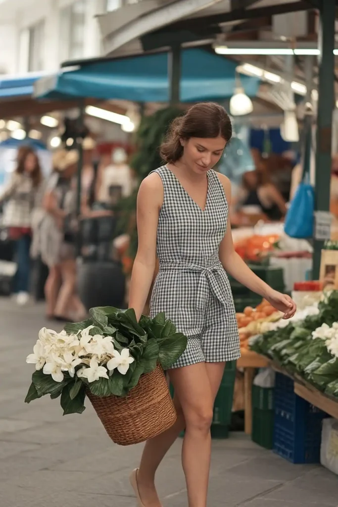 Woman in checkered dress holds basket of flowers at a market, surrounded by fresh produce and blue stalls.