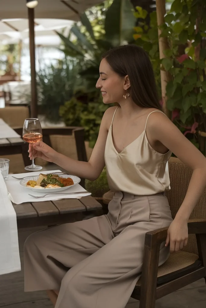 Woman enjoying a meal and wine at an outdoor cafe, wearing a beige top and pants.