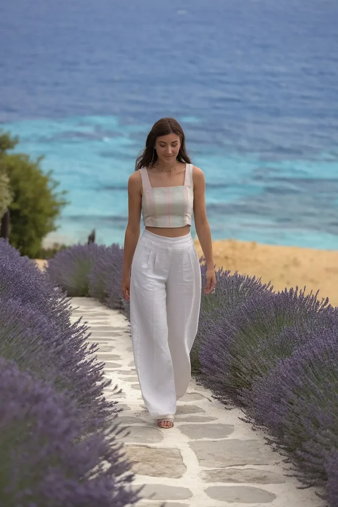 Woman in white outfit walking between lavender rows by the sea.