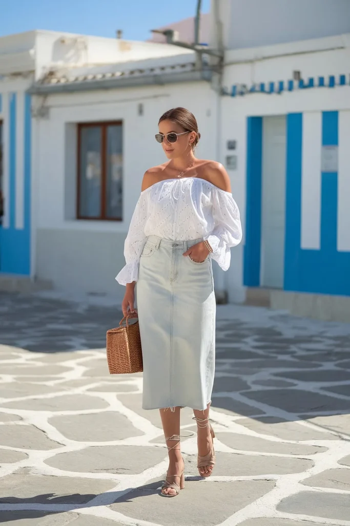 Fashionable woman in off-shoulder top and denim skirt with wicker bag, walking in a sunlit Mediterranean alley.