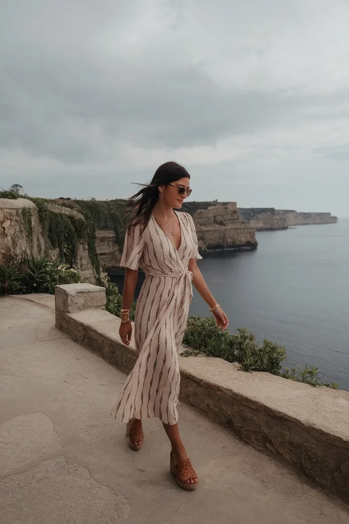 Woman in a patterned dress walking along a coastal cliff path, ocean view and cloudy sky in the background.