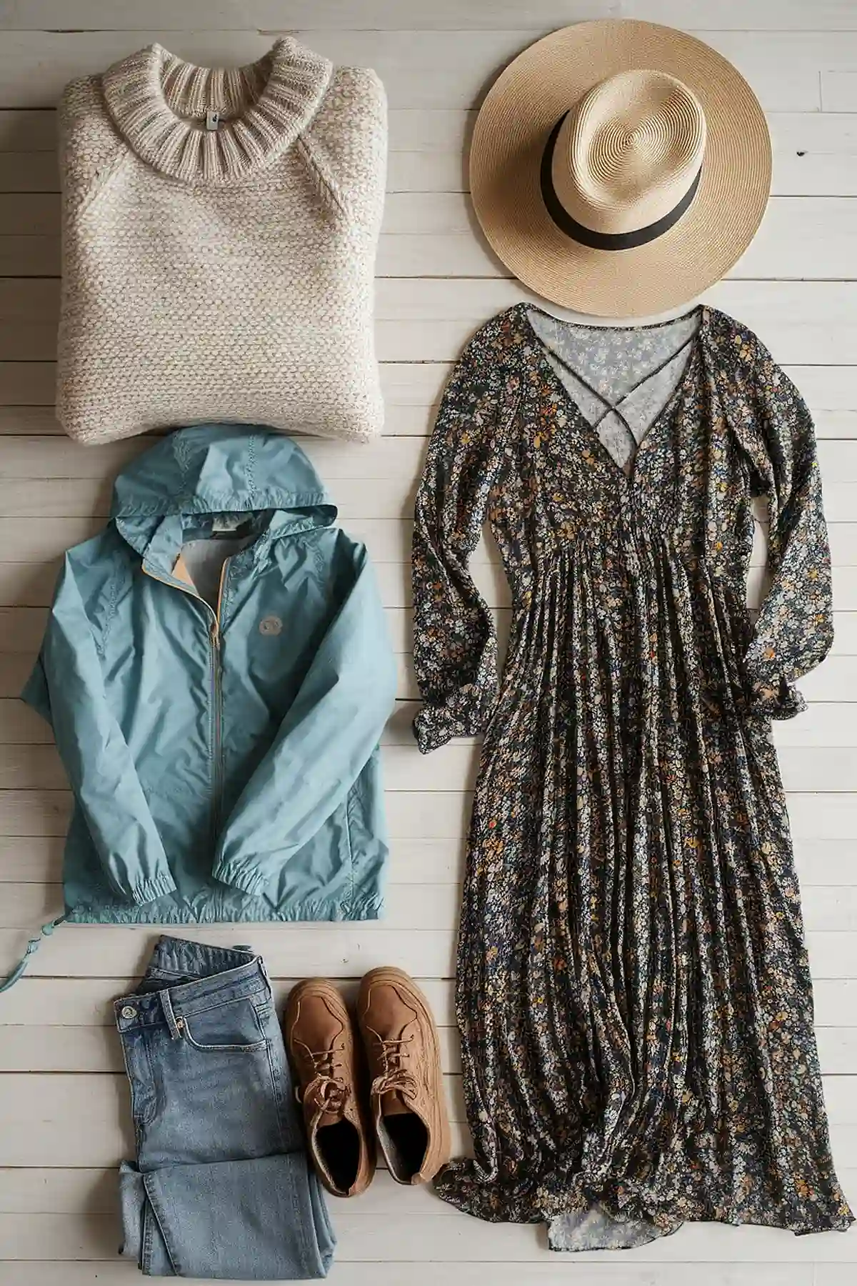 Outfits for Ireland in May. Flat lay of casual fall outfit: sweater, sun hat, floral dress, light jacket, jeans, and brown shoes on wooden floor.