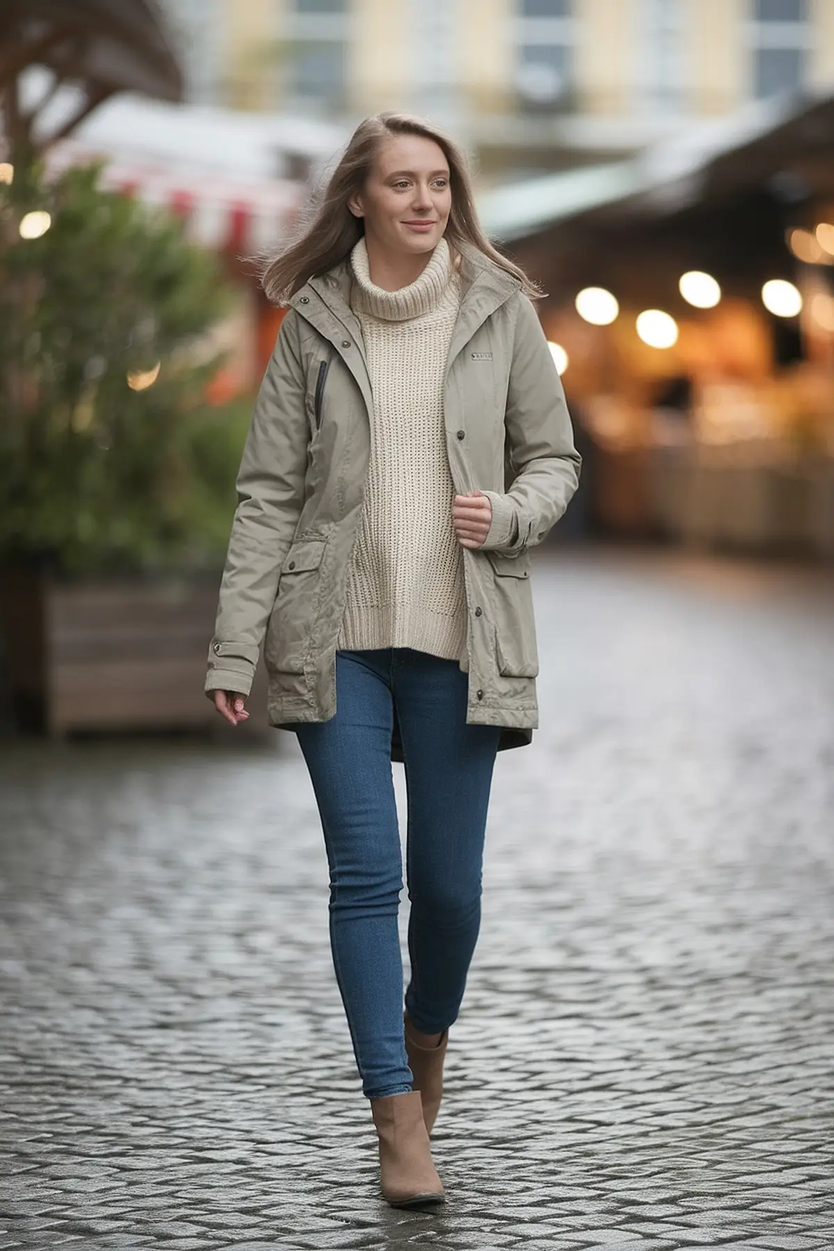 Woman in stylish coat and jeans walking confidently in outdoor market setting.