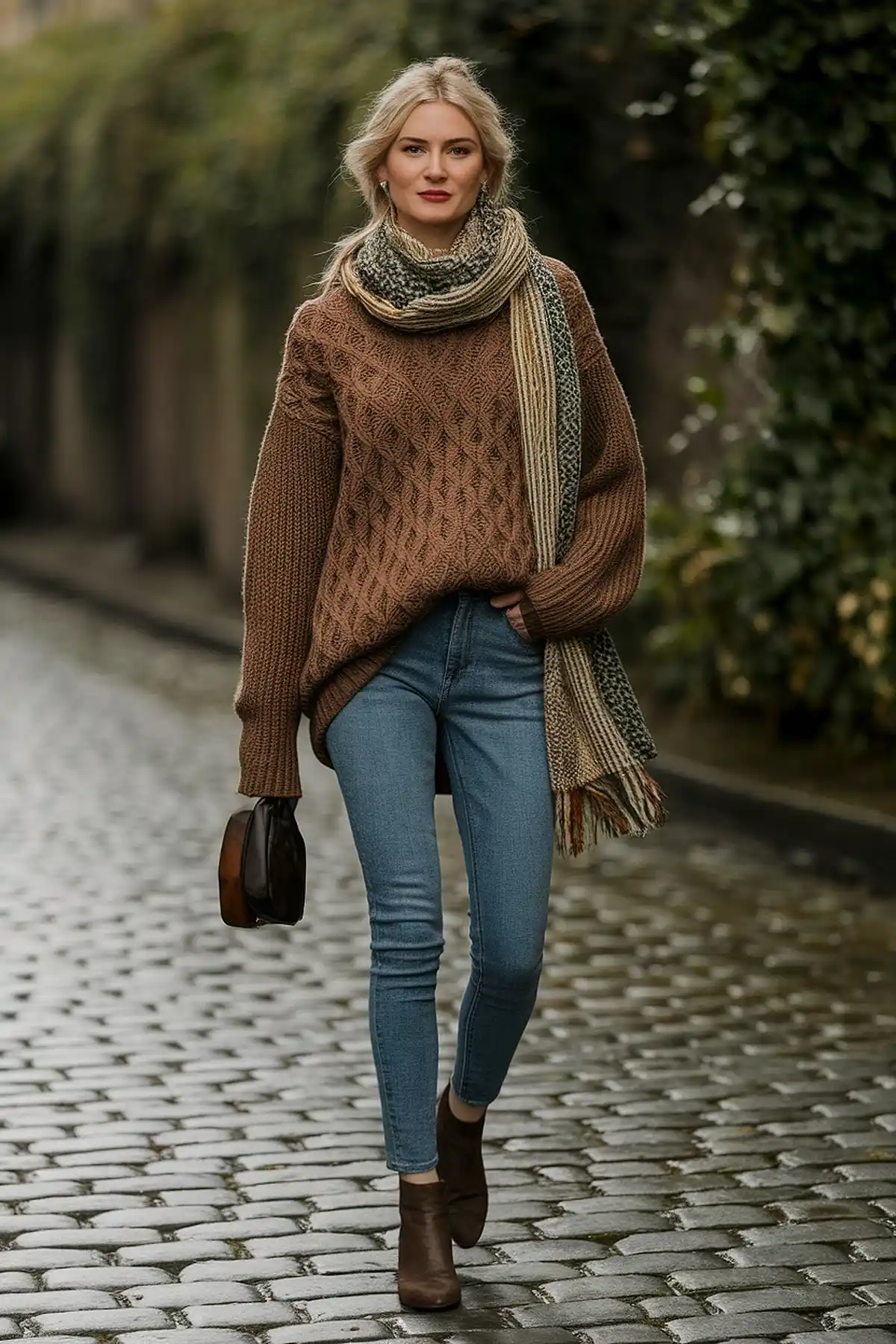 Stylish woman in cozy sweater and scarf walking on cobblestone street with small handbag and ankle boots.