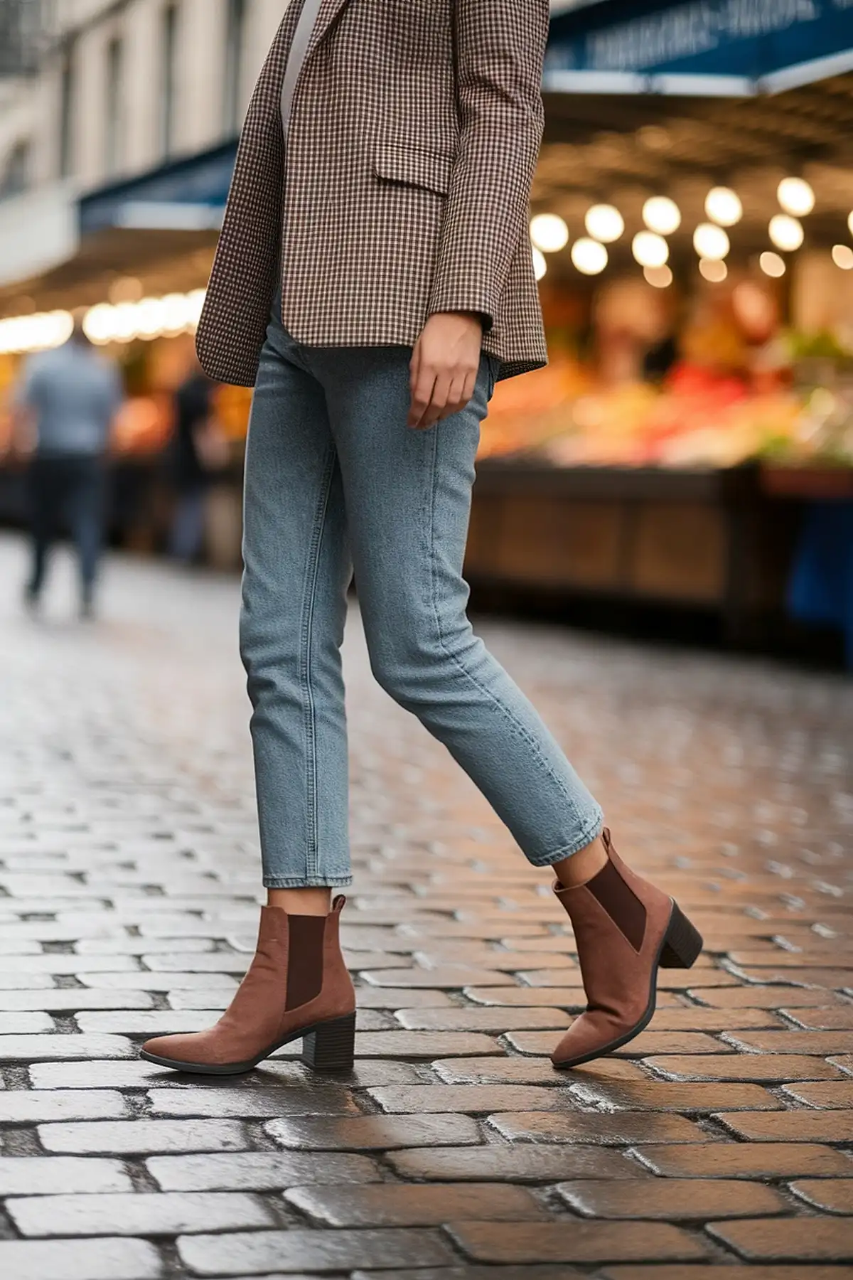 Woman in stylish brown boots and plaid blazer walking on cobblestone street near market.