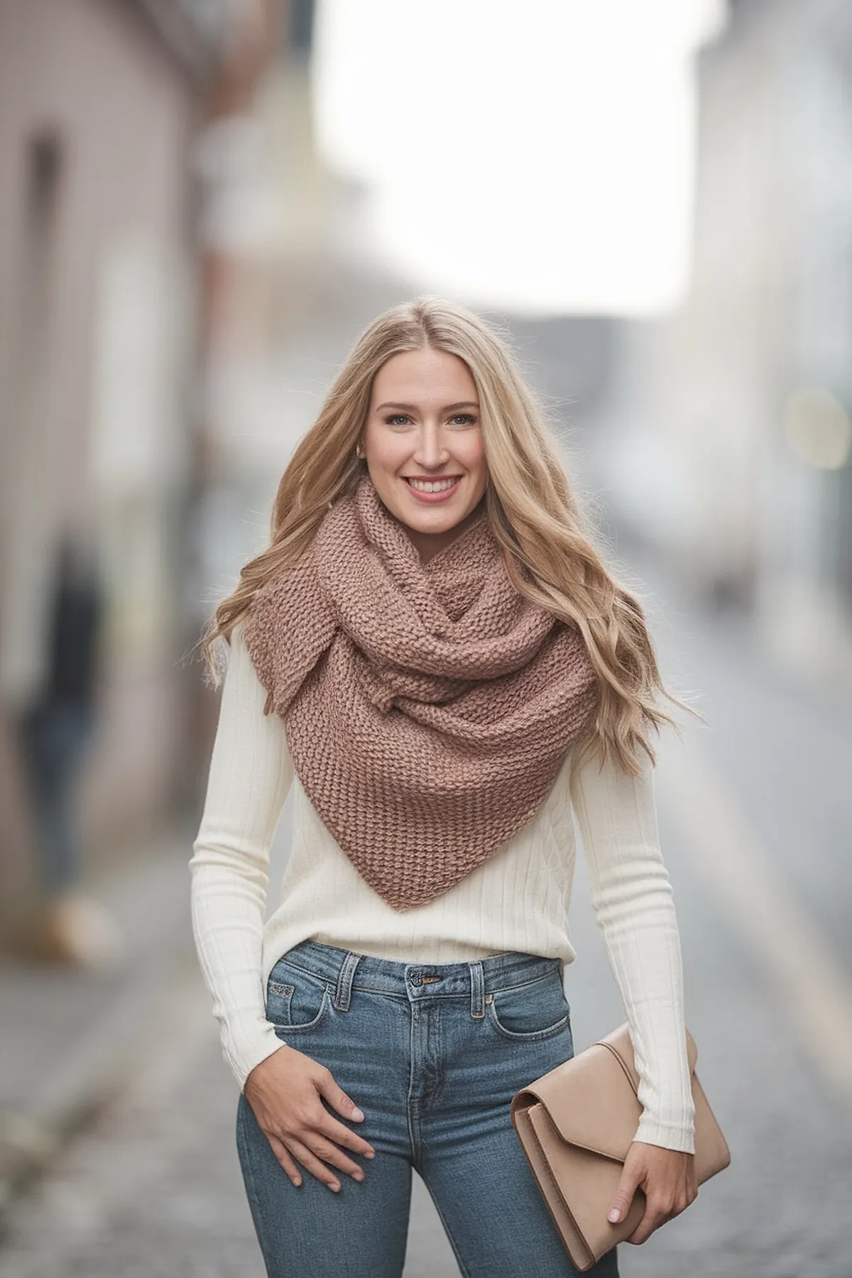 Young woman in a city, smiling, wearing a cozy brown scarf, white sweater, and holding a clutch.