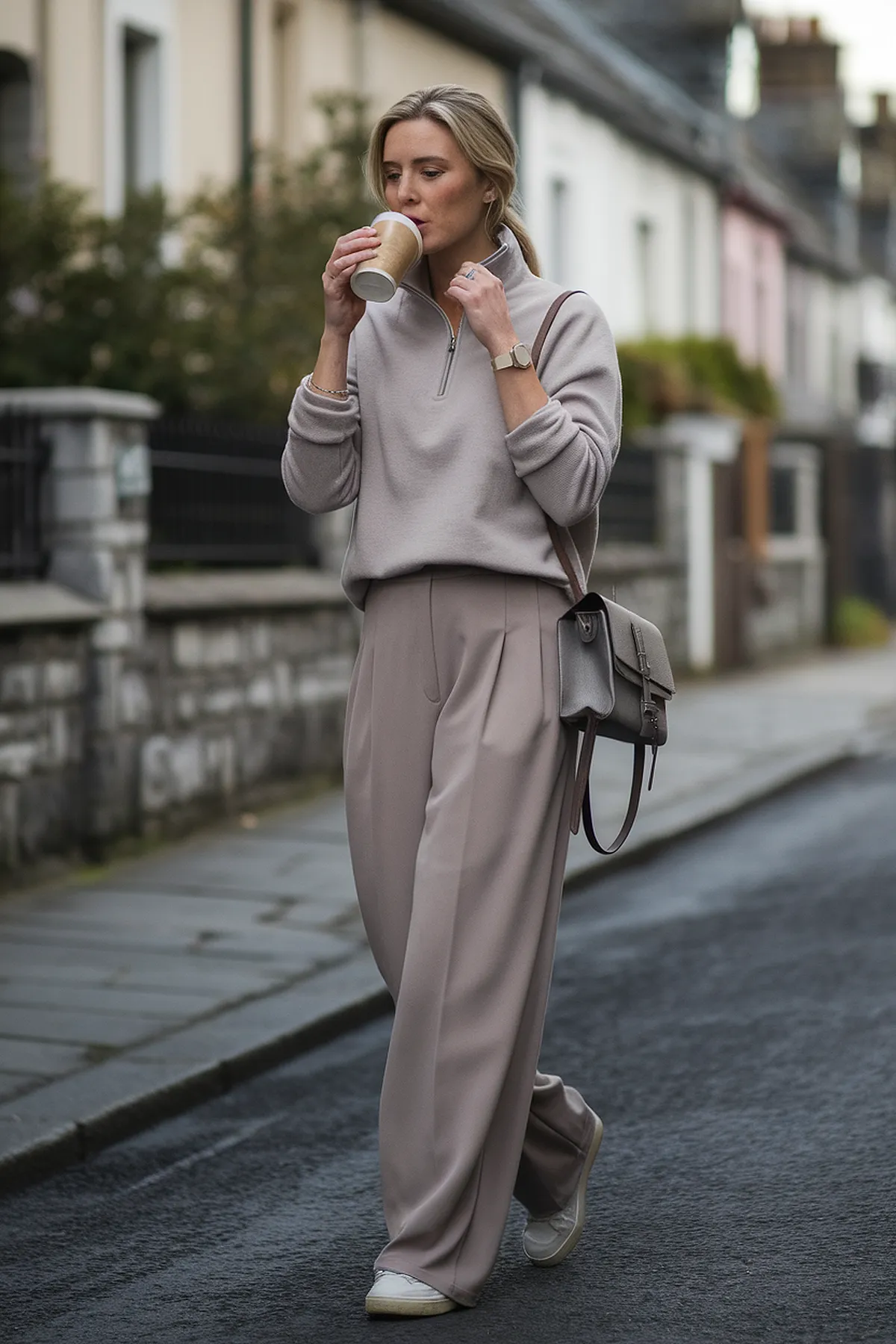 Woman in stylish gray outfit sipping coffee while walking on a quiet street.