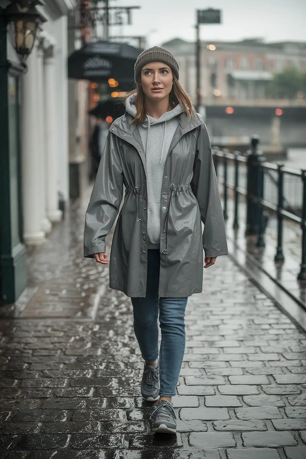 Woman walks on a rainy city street in a gray raincoat and jeans, showcasing stylish, weather-appropriate fashion.