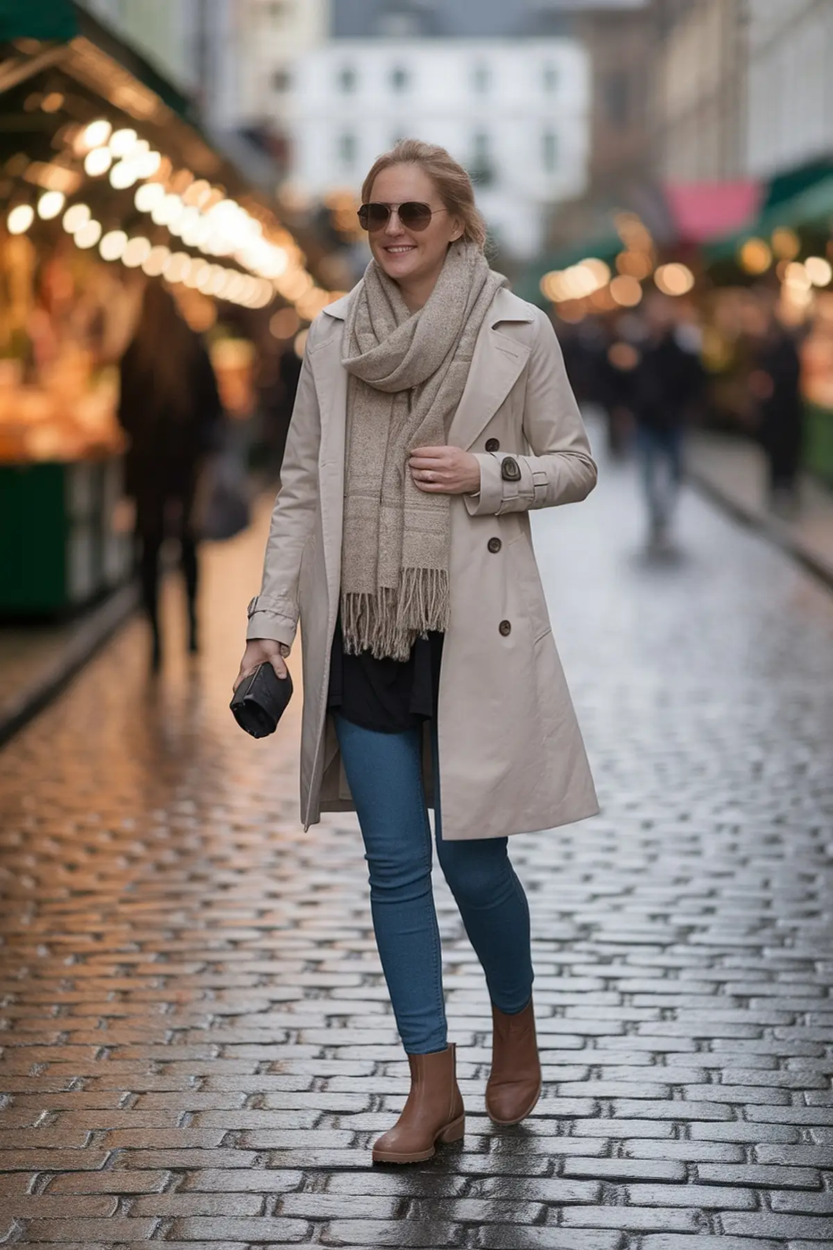 Woman in trench coat and scarf walking in a vibrant outdoor market with lights and cobblestone street.