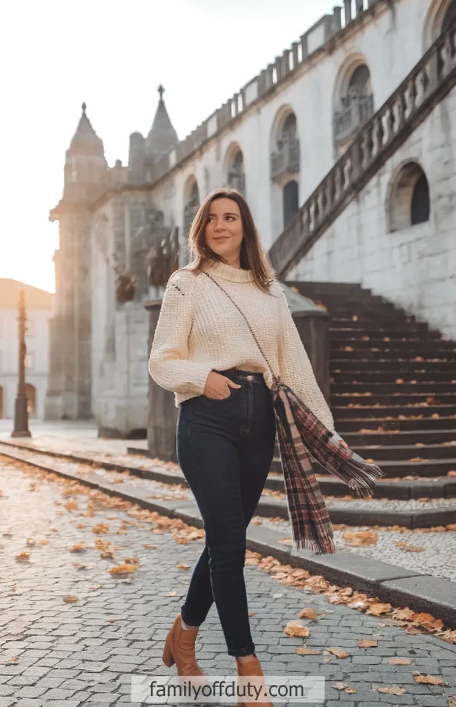 Woman in cozy sweater and scarf walks by historic building in autumn.