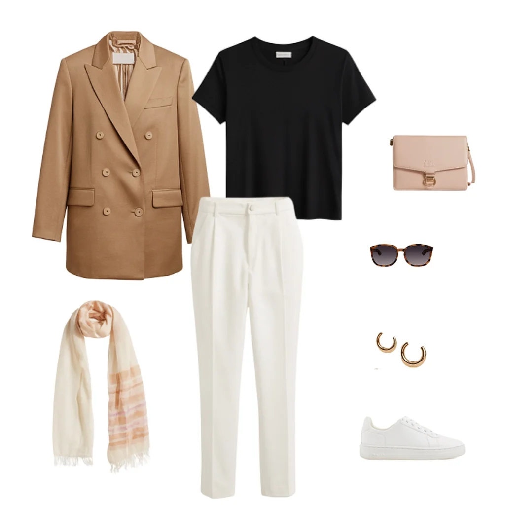 Stylish outfit with camel blazer, black top, white pants, scarf, sunglasses, gold earrings, pink bag, and white sneakers.