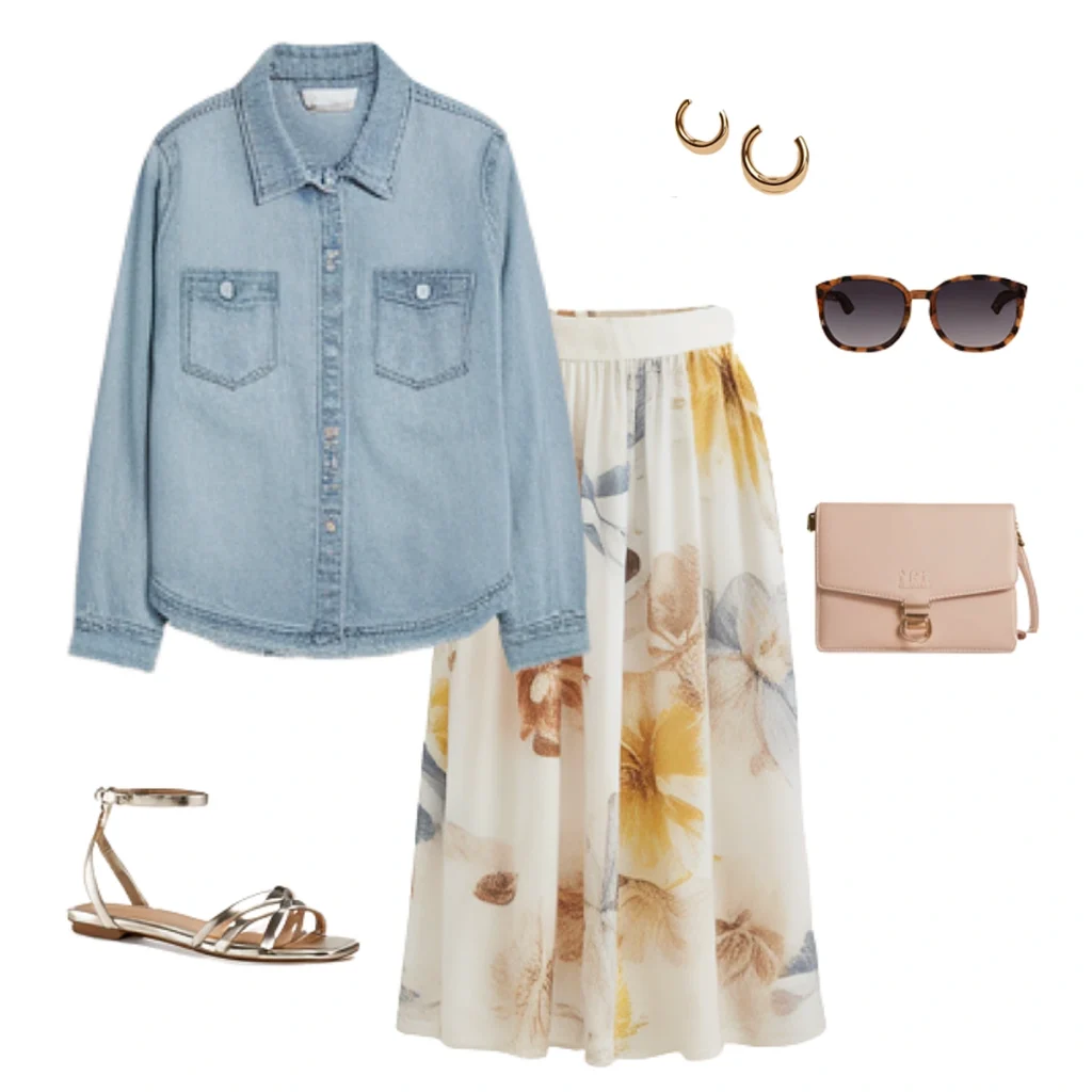 Casual outfit with denim shirt, floral skirt, sandals, sunglasses, hoop earrings, and a beige clutch.