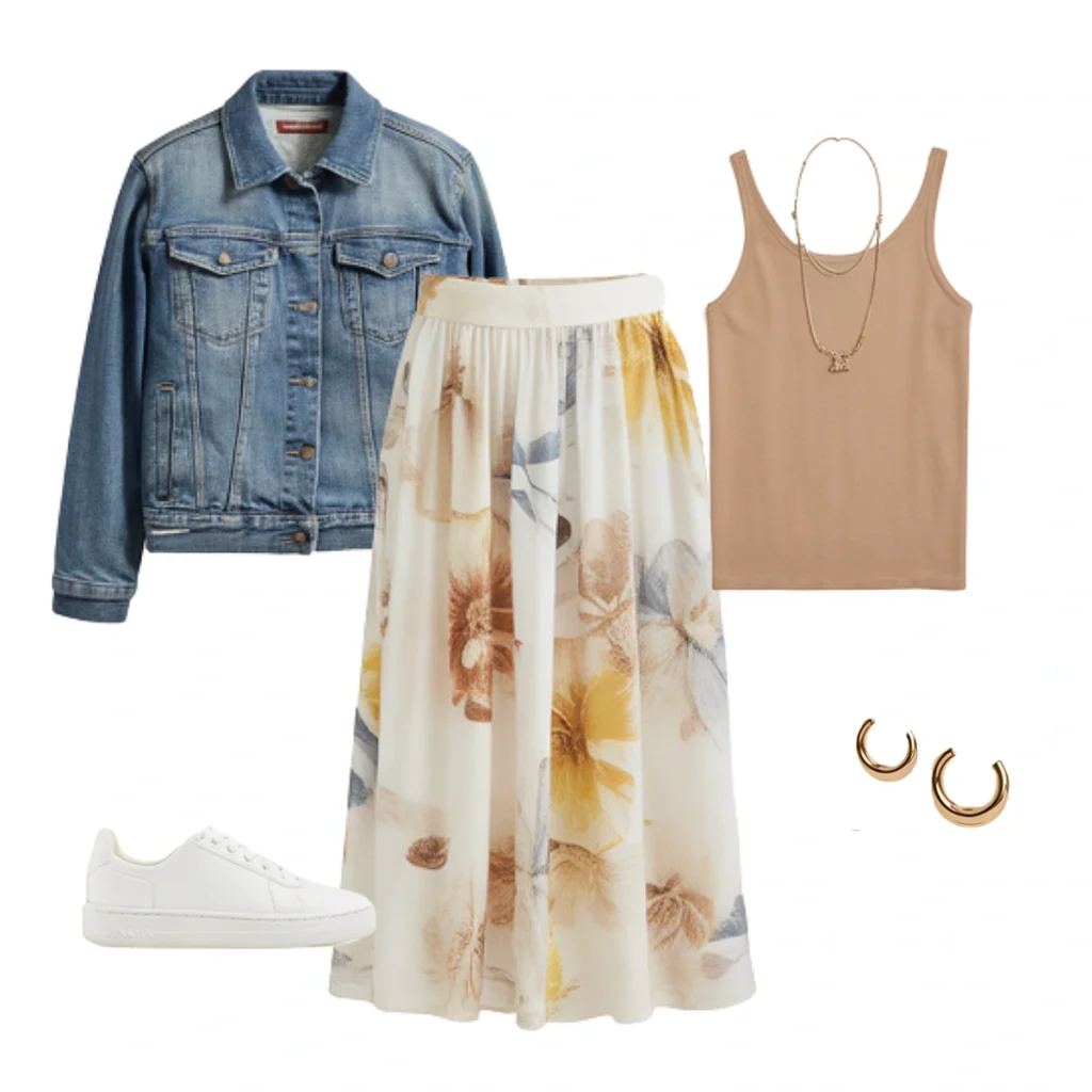Floral skirt outfit with denim jacket, beige tank top, white sneakers, and gold accessories. Casual chic fashion.