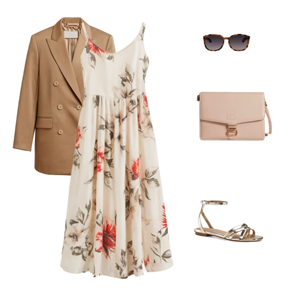 Floral maxi dress with beige blazer, sunglasses, pink clutch, and metallic sandals for a chic summer look.