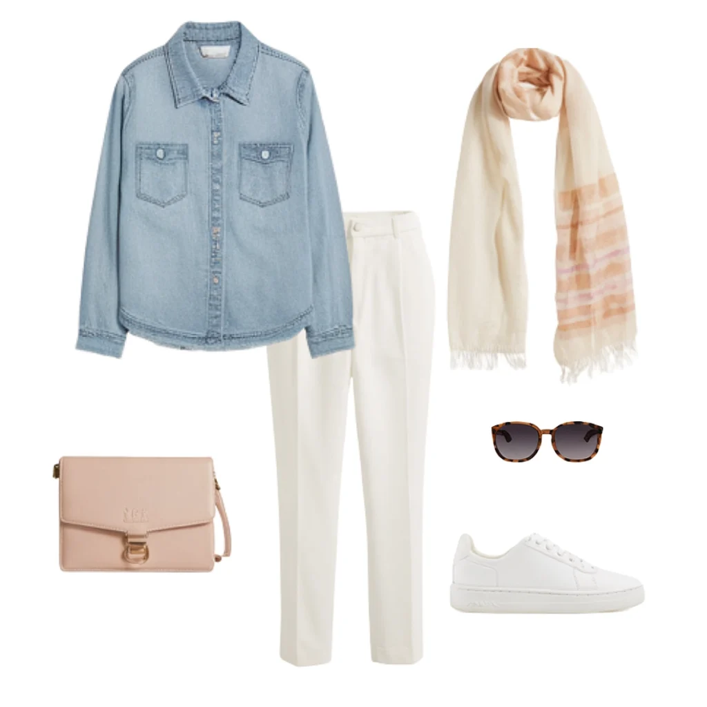 Casual outfit with denim shirt, white pants, scarf, sunglasses, white sneakers, and pink handbag. Perfect for spring.