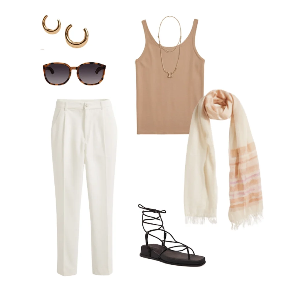 Stylish summer outfit with beige tank, white pants, scarf, sandals, sunglasses, hoop earrings, and layered necklace.
