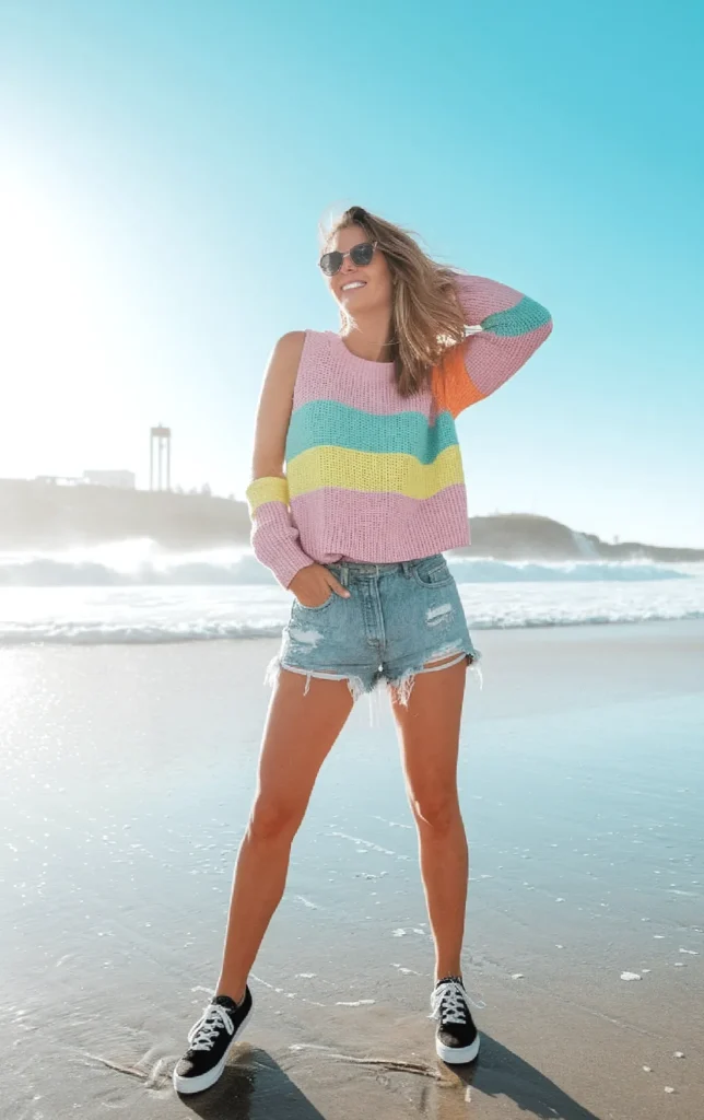 Smiling woman in colorful sweater and denim shorts stands on sunny beach, ocean waves in background.