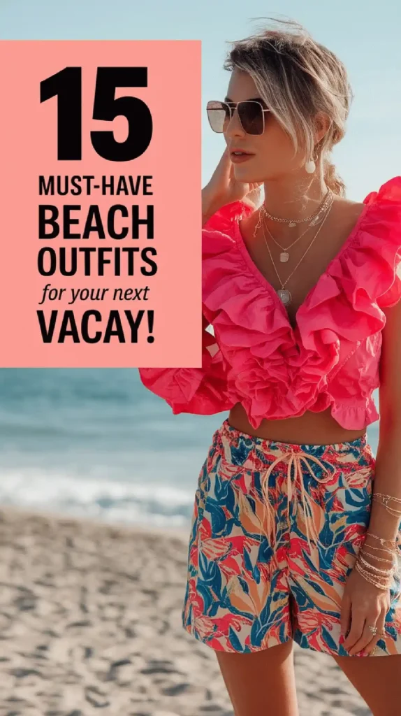 Stylish woman in pink top and floral shorts, perfect beach outfit idea for vacation. Text: 15 must-have beach outfits.